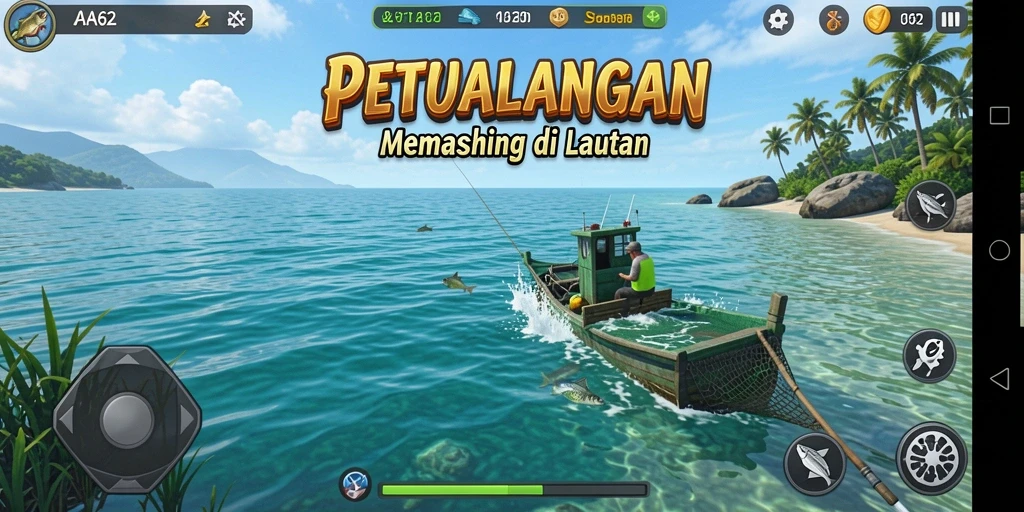 Antarmuka permainan AA62 yang menampilkan aksi memancing yang seru.