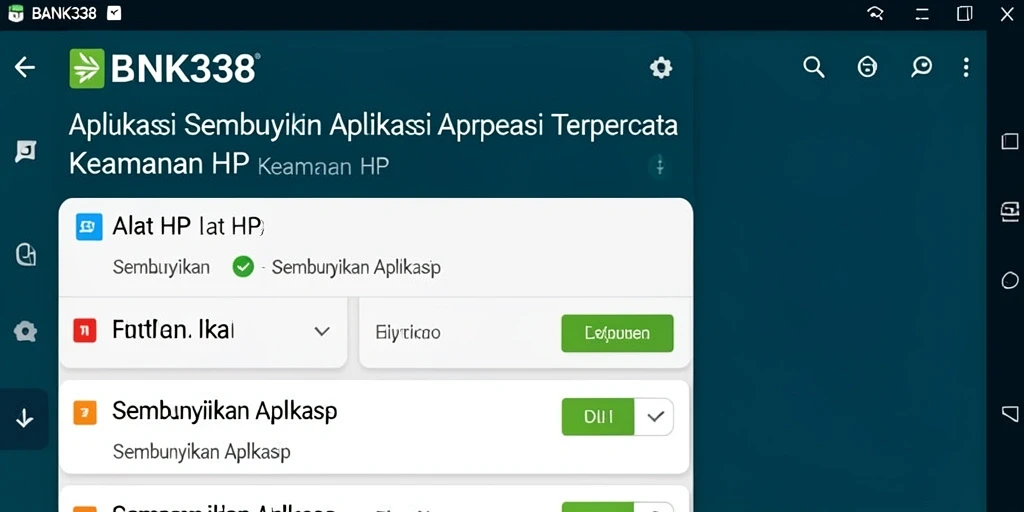 Screenshot antarmuka BANK338 dengan fungsi Sembunyikan Aplikasi yang intuitif.