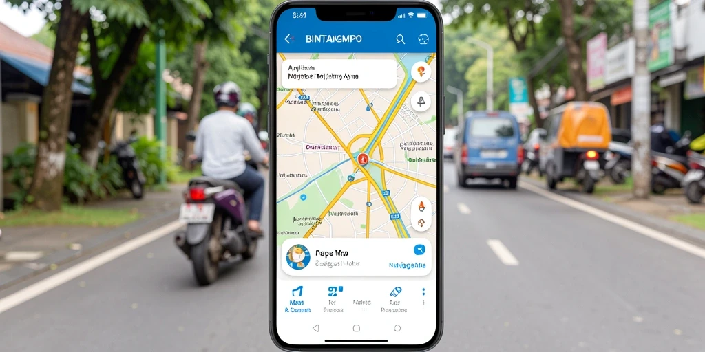 Antarmuka BINTANGMPO menampilkan rute navigasi motor dengan jelas.