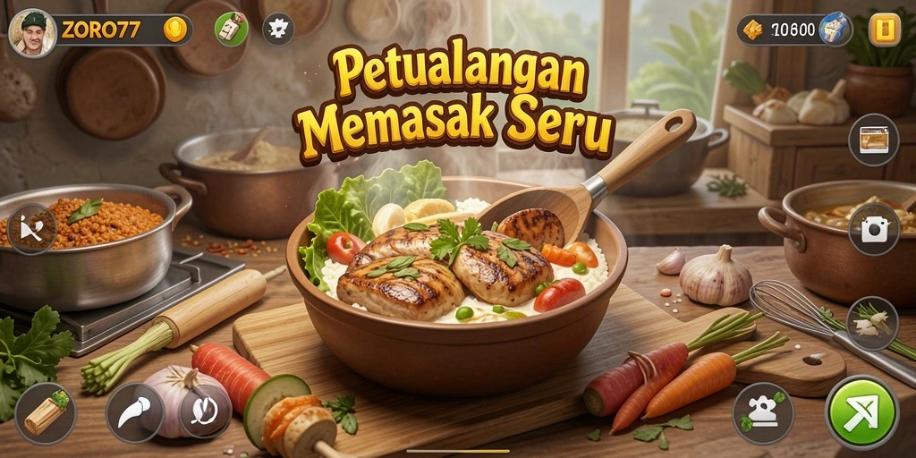 Tampilan antarmuka game Memasak ZORO77 yang penuh warna.